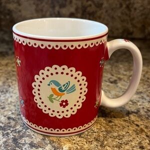 Dainty Little Bluebird Mug Red Background Lace Pattern NWT